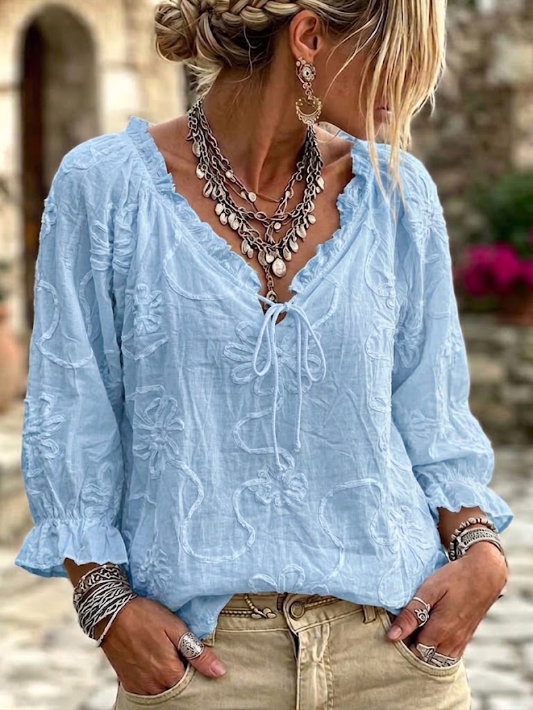 Chic And Elegant Linen-cotton V-neck Top With Ruffles And 3d Floral Embossing