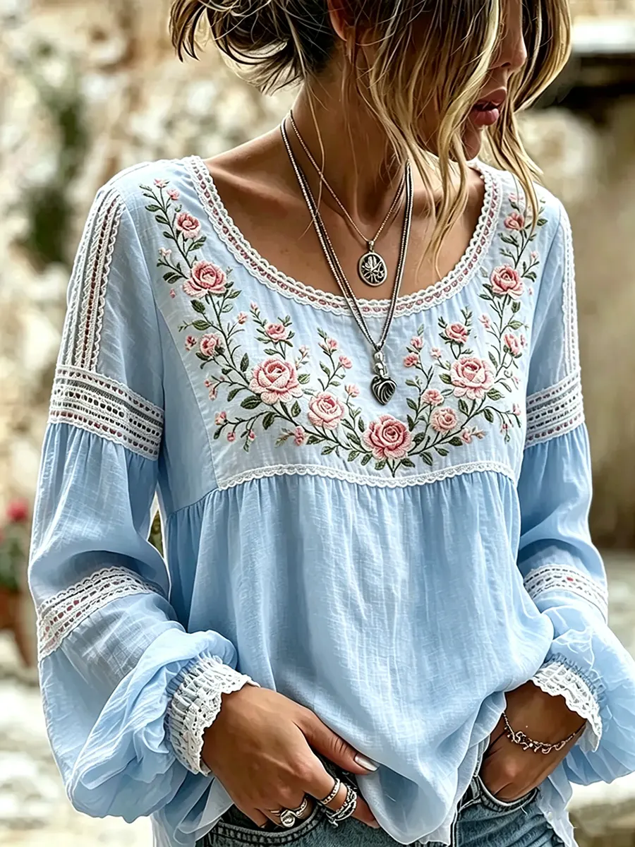 Women's Pastel Floral Lace Print Blouse
