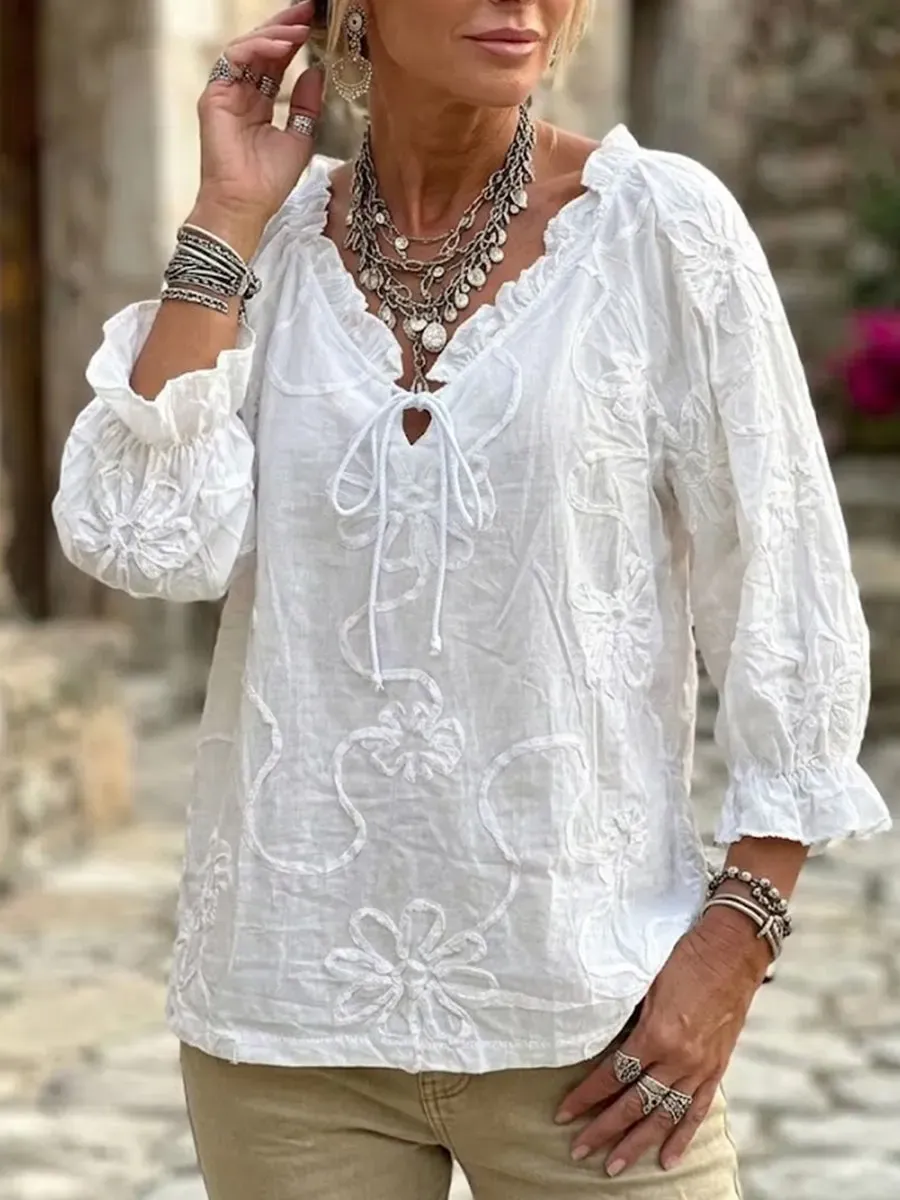 Chic And Elegant Linen-cotton V-neck Top With Ruffles And 3d Floral Embossing