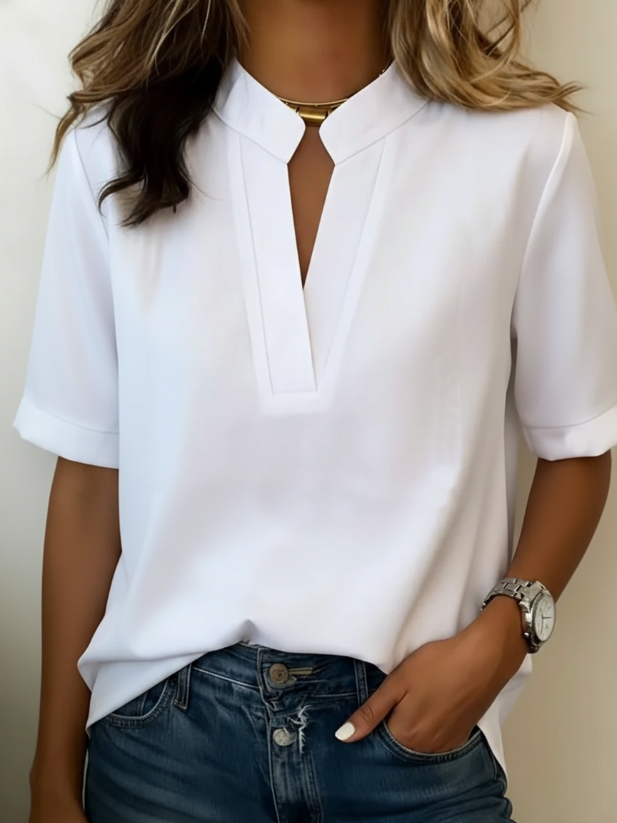 Summer casual solid color V-neck loose shirt/T-shirt, women's soft touch top