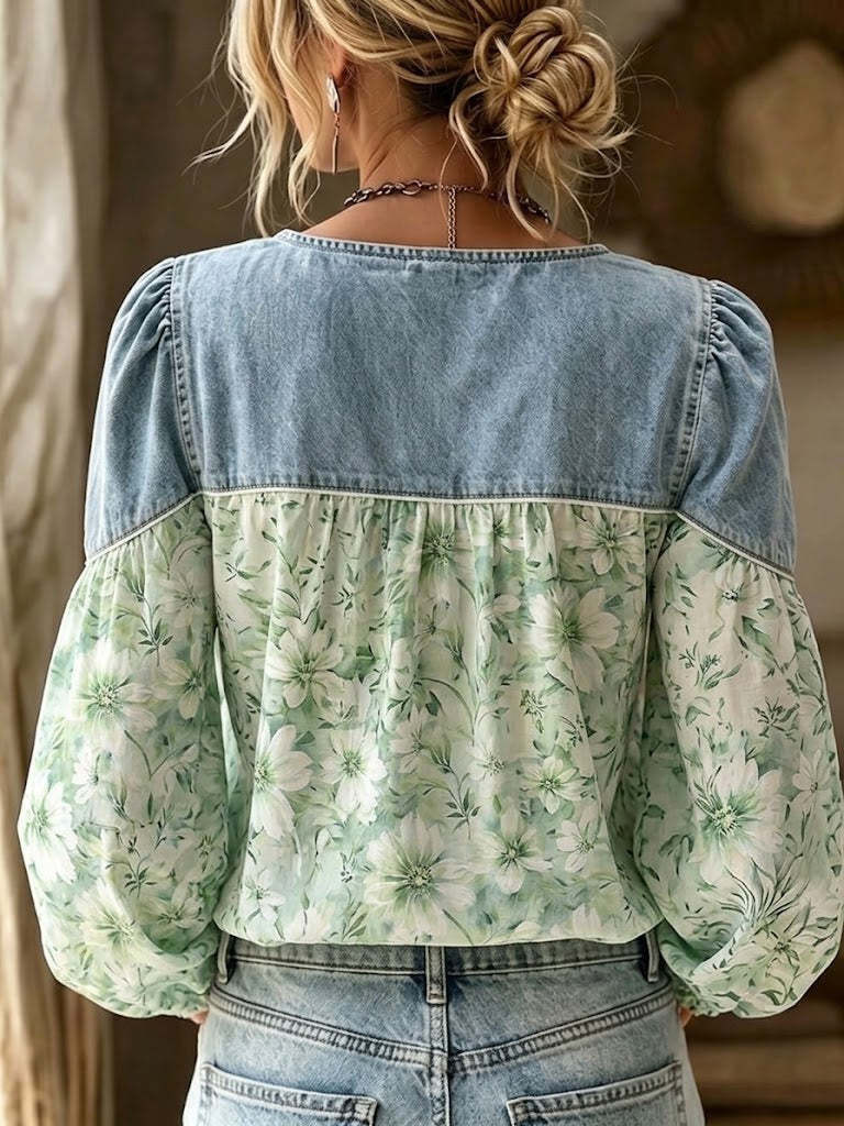 Boho-style Floral Patchwork Denim Shirt