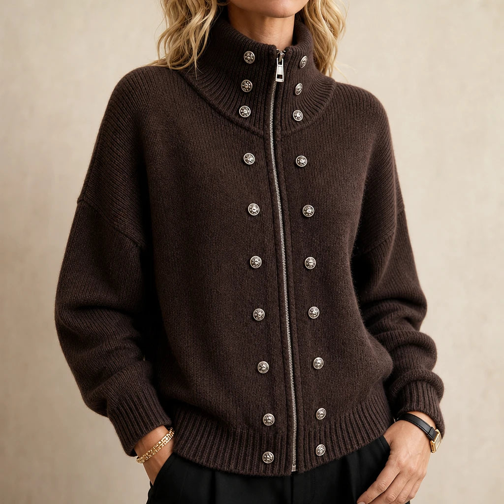  Double-Breasted Stand Collar Knit Cardigan