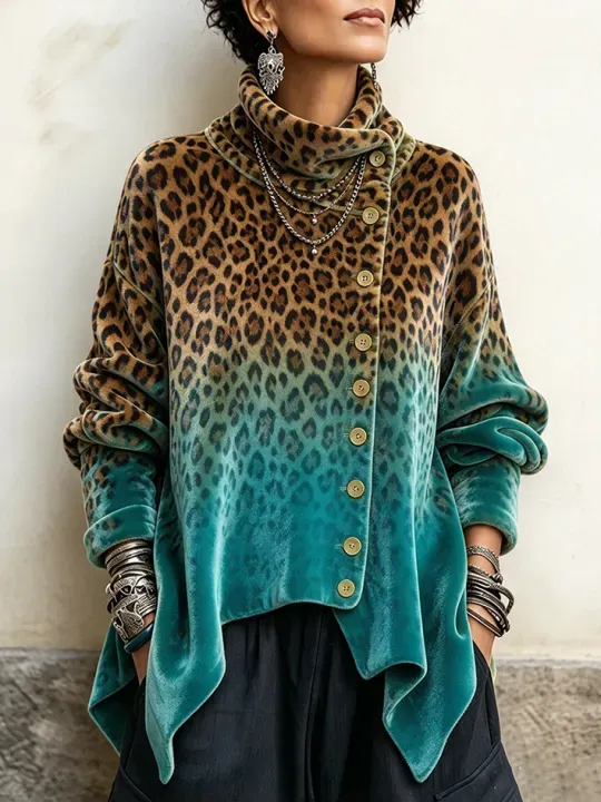 🤲LAST DAY SAVE 49% ⏰Vintage Floral Print Asymmetrical Button Turtleneck Top