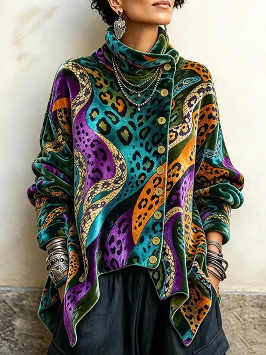 🤲LAST DAY SAVE 49% ⏰Vintage Floral Print Asymmetrical Button Turtleneck Top