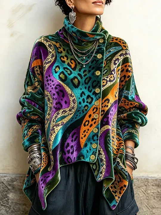 🤲LAST DAY SAVE 49% ⏰Vintage Floral Print Asymmetrical Button Turtleneck Top