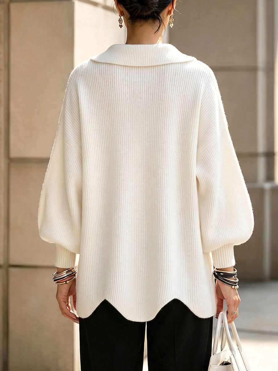 Women's solid color V-neck long-sleeved casual loose pullover knit sweater
