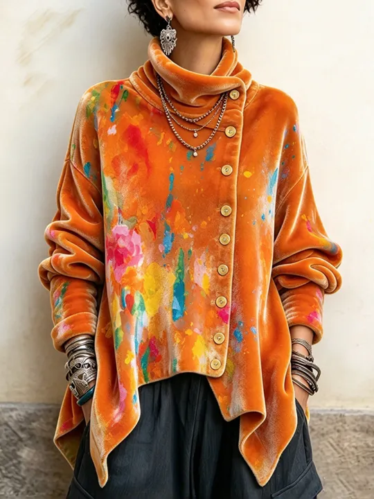 🤲LAST DAY SAVE 49% ⏰Vintage Floral Print Asymmetrical Button Turtleneck Top