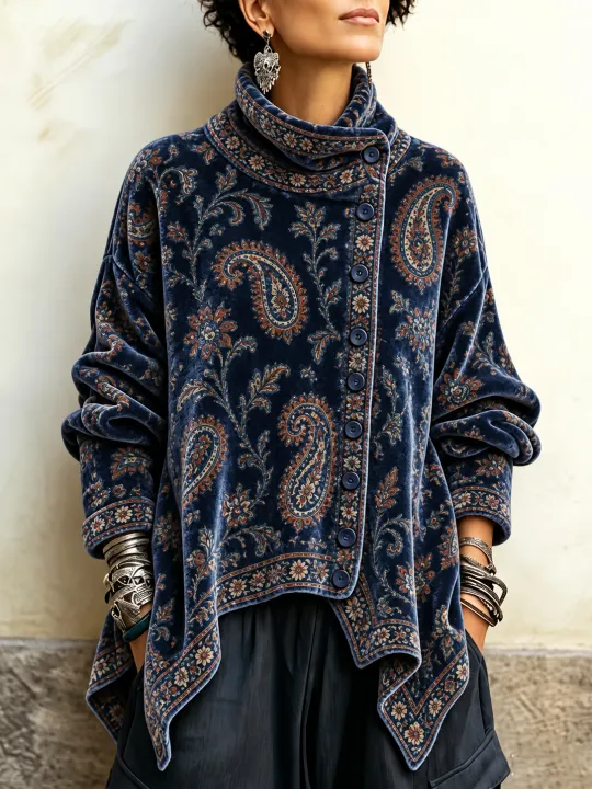 🤲LAST DAY SAVE 49% ⏰Vintage Floral Print Asymmetrical Button Turtleneck Top