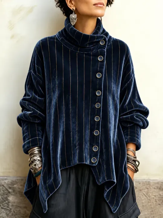 🤲LAST DAY SAVE 49% ⏰Vintage Floral Print Asymmetrical Button Turtleneck Top