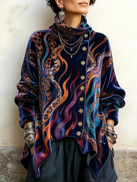 🤲LAST DAY SAVE 49% ⏰Vintage Floral Print Asymmetrical Button Turtleneck Top