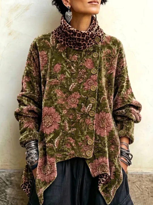 🤲LAST DAY SAVE 49% ⏰Vintage Floral Print Asymmetrical Button Turtleneck Top