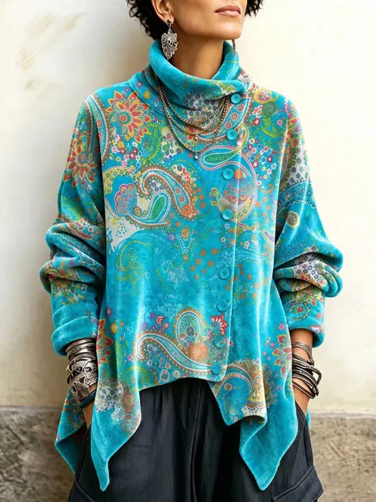 🤲LAST DAY SAVE 49% ⏰Vintage Floral Print Asymmetrical Button Turtleneck Top