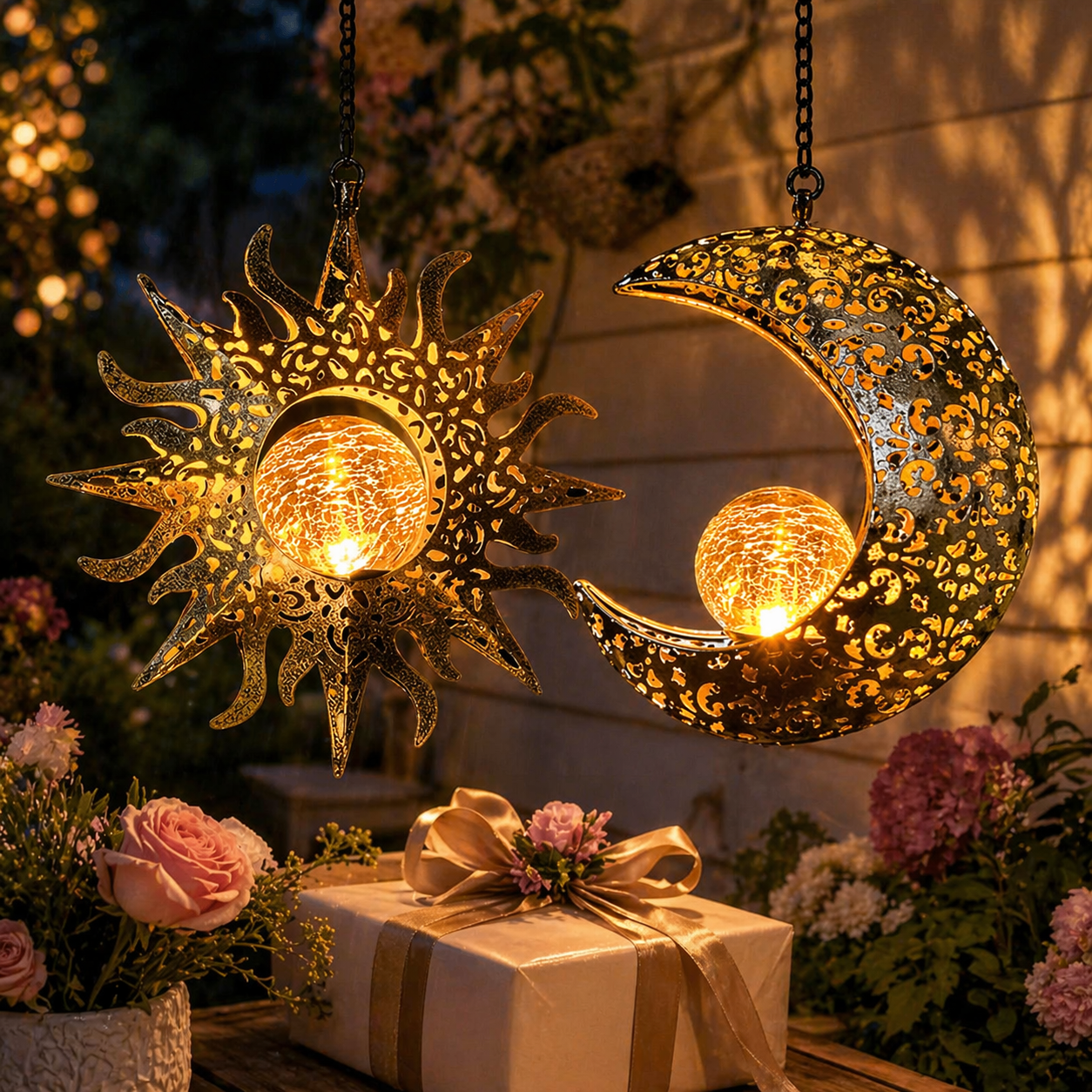 Celestial Glow Solar Sun & Moon Hanging Garden Lanterns