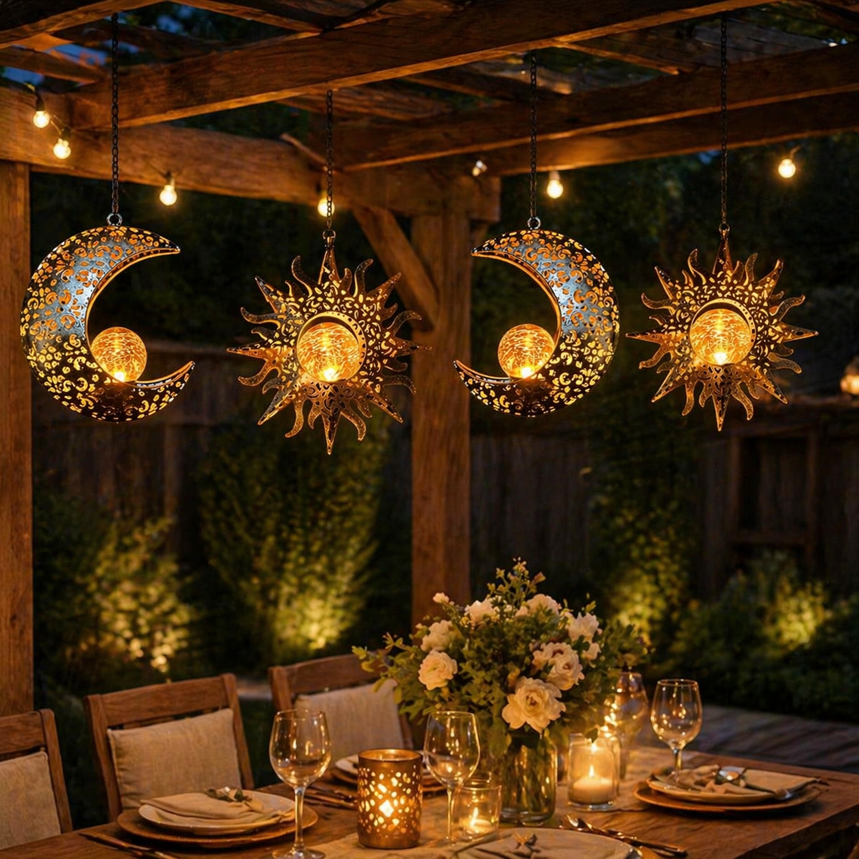 Celestial Glow Solar Sun & Moon Hanging Garden Lanterns
