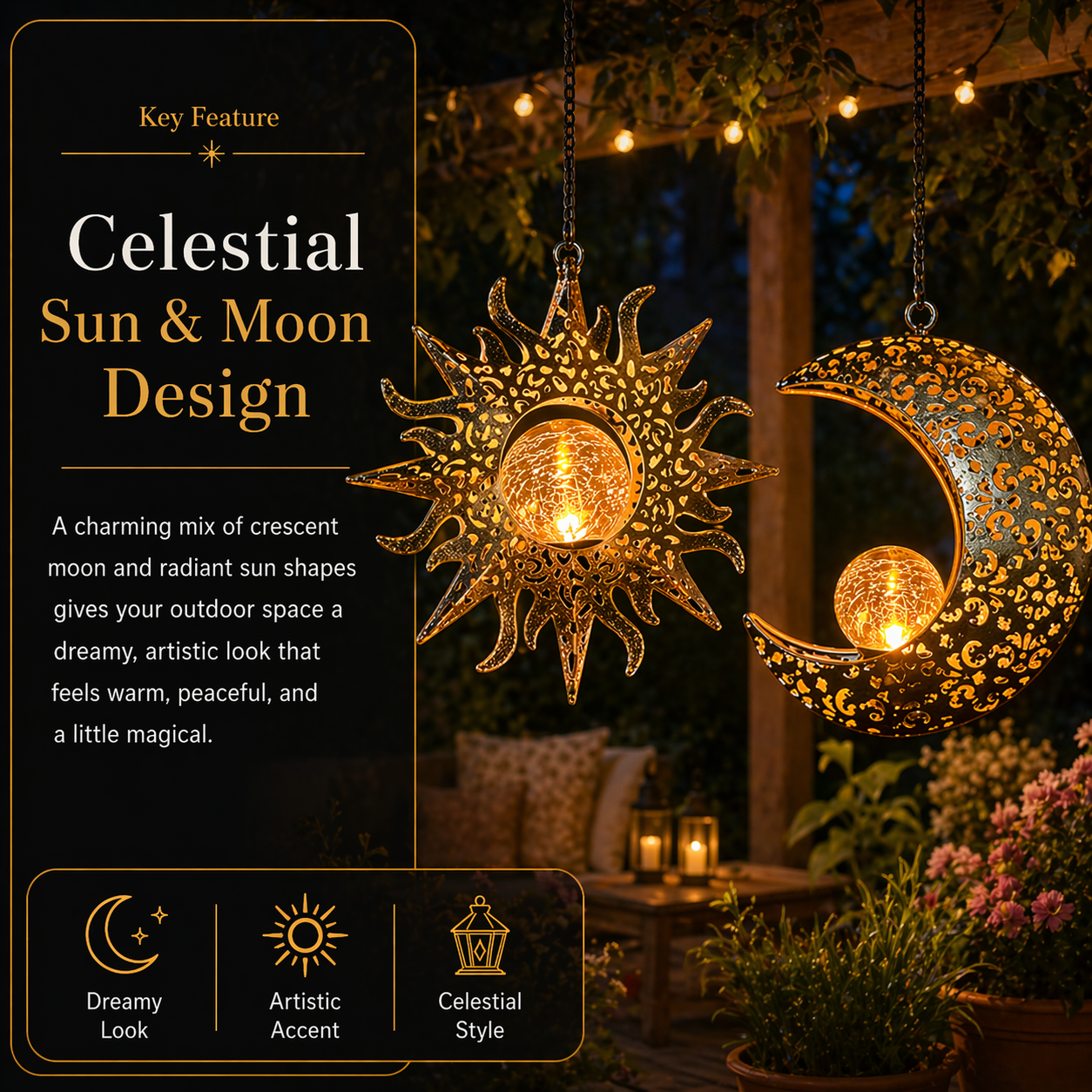 Celestial Glow Solar Sun & Moon Hanging Garden Lanterns
