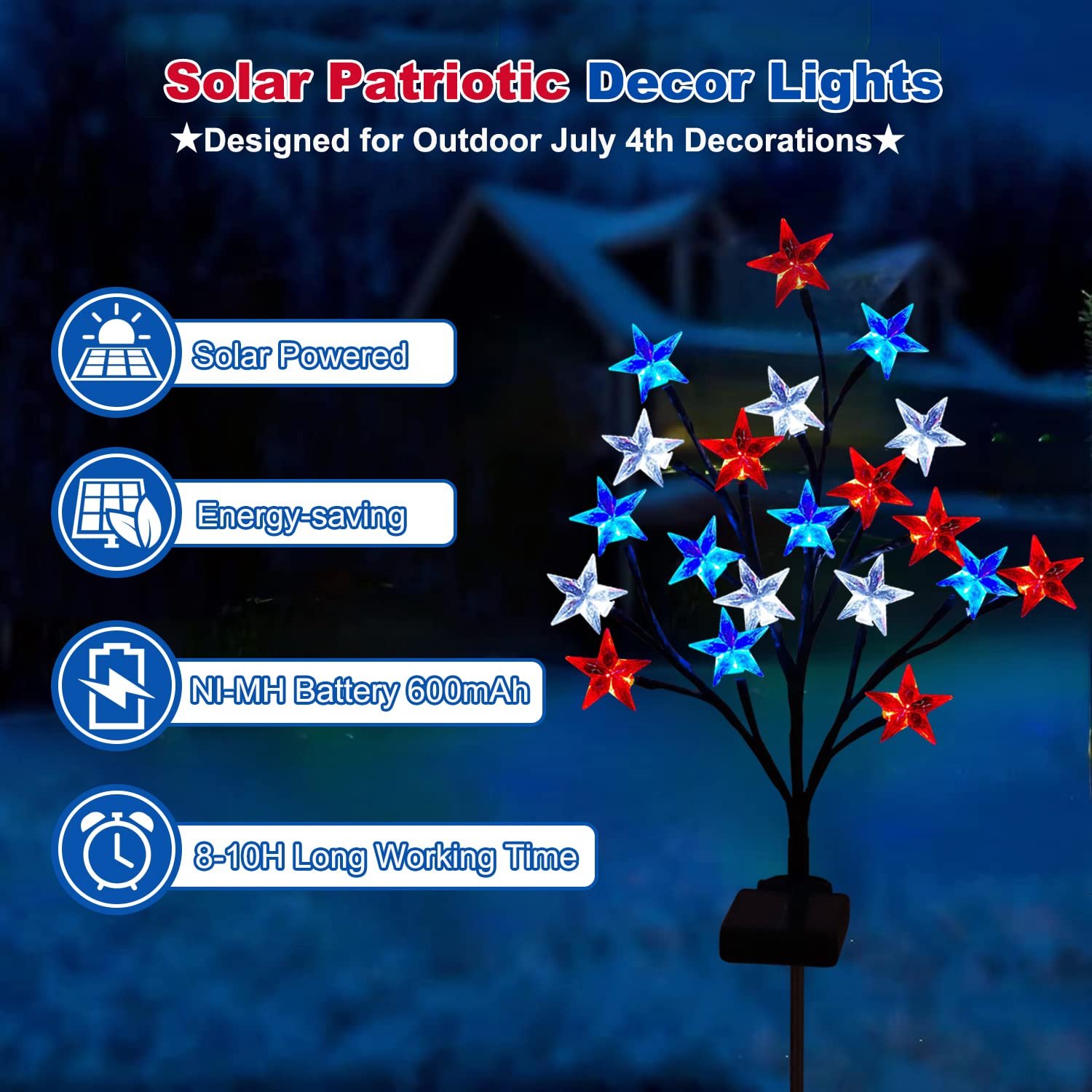Solar 4th of July Decorations Red White and Blue Star Outdoor Lights (2 Pack)