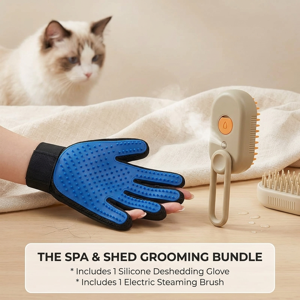 Ultimate Pet Spa & Grooming Kit: Electric Steaming Brush & Silicone Deshedding Glove Bundle for Dogs & Cats