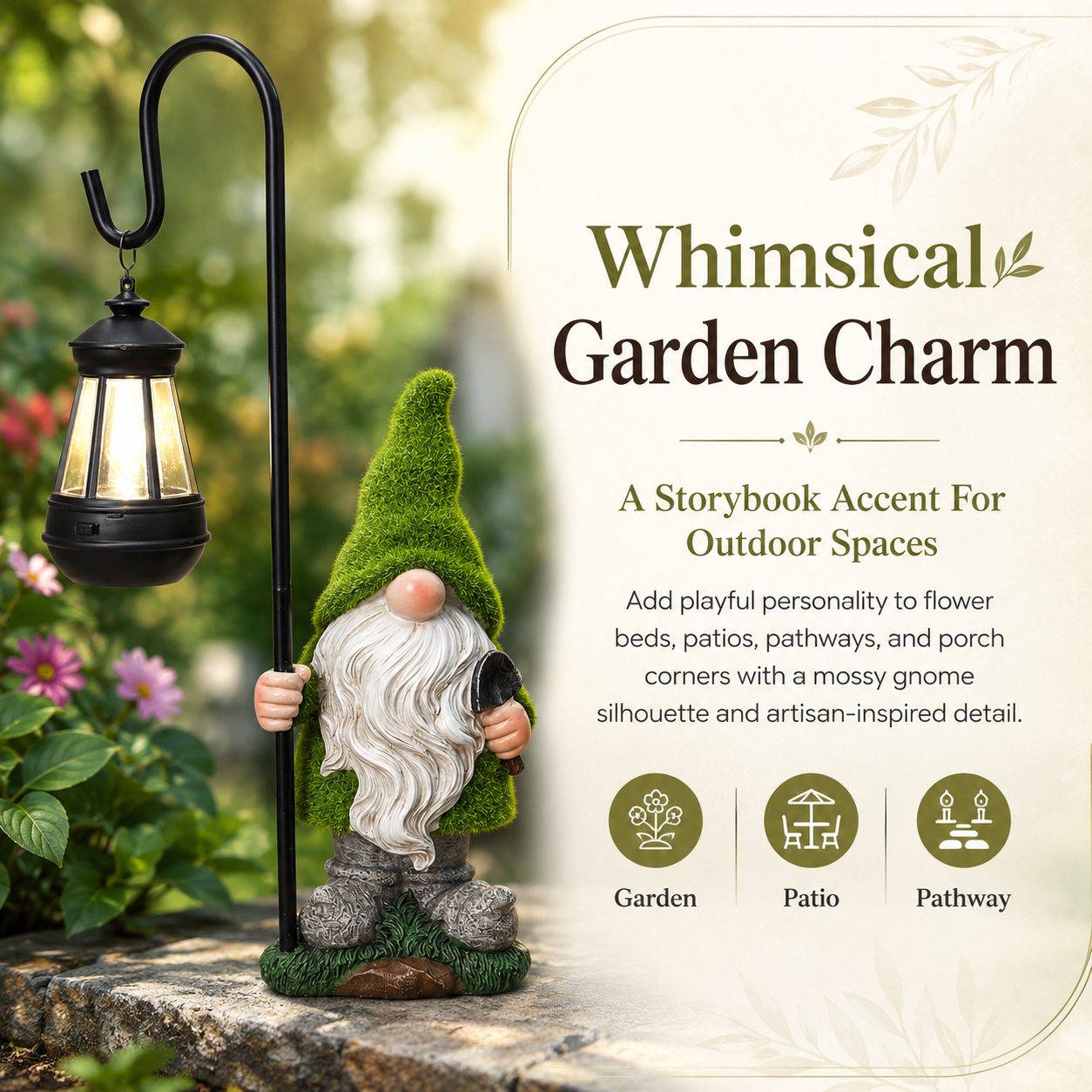 Mossy Porch Gnome Solar Lantern Statue