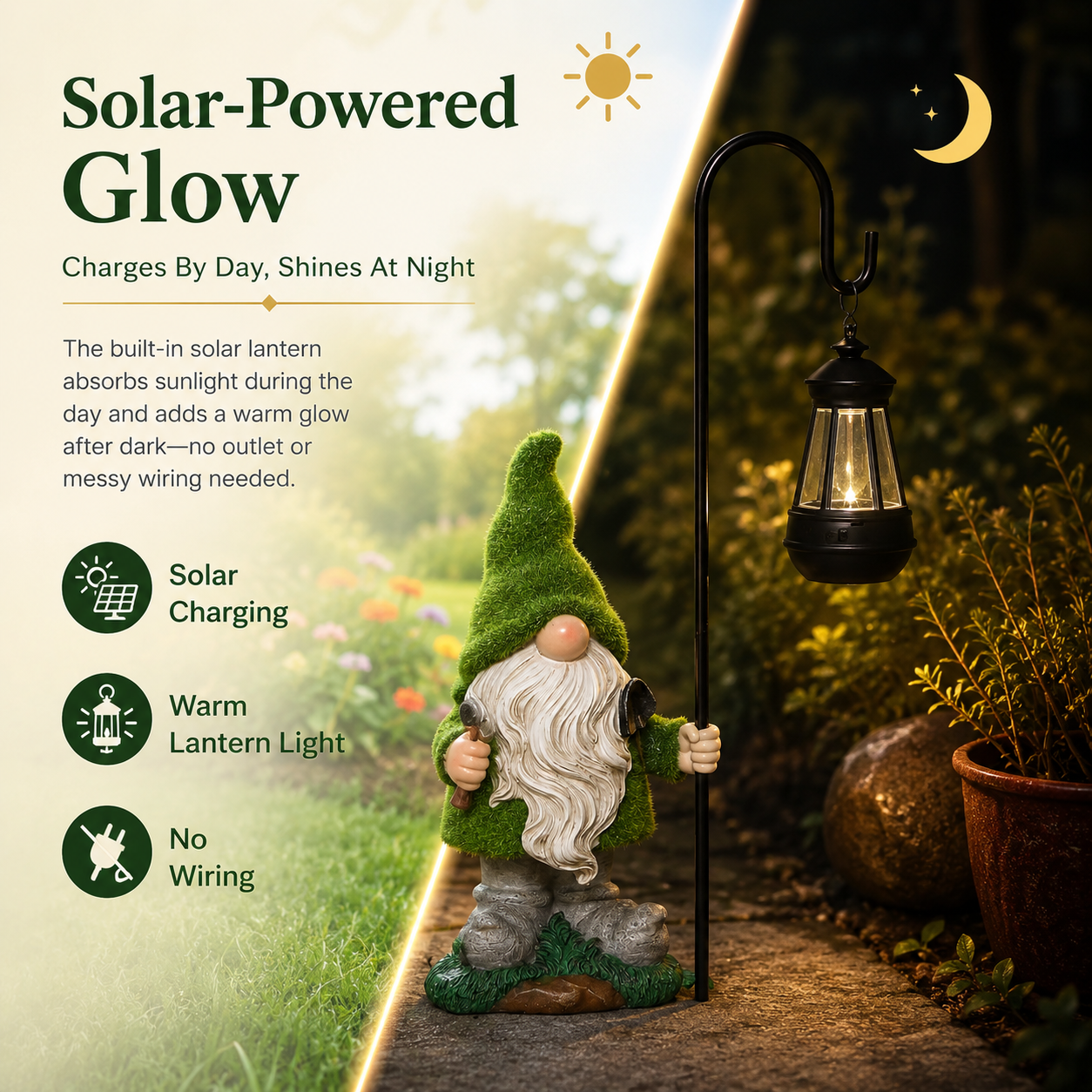 Mossy Porch Gnome Solar Lantern Statue