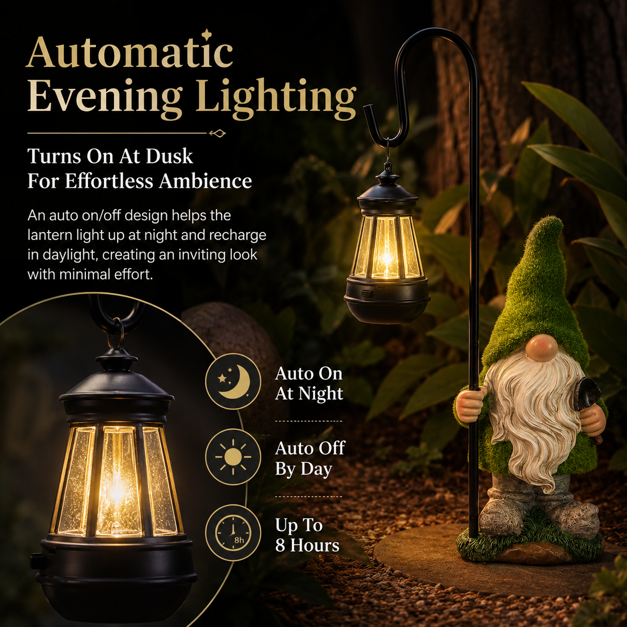 Mossy Porch Gnome Solar Lantern Statue