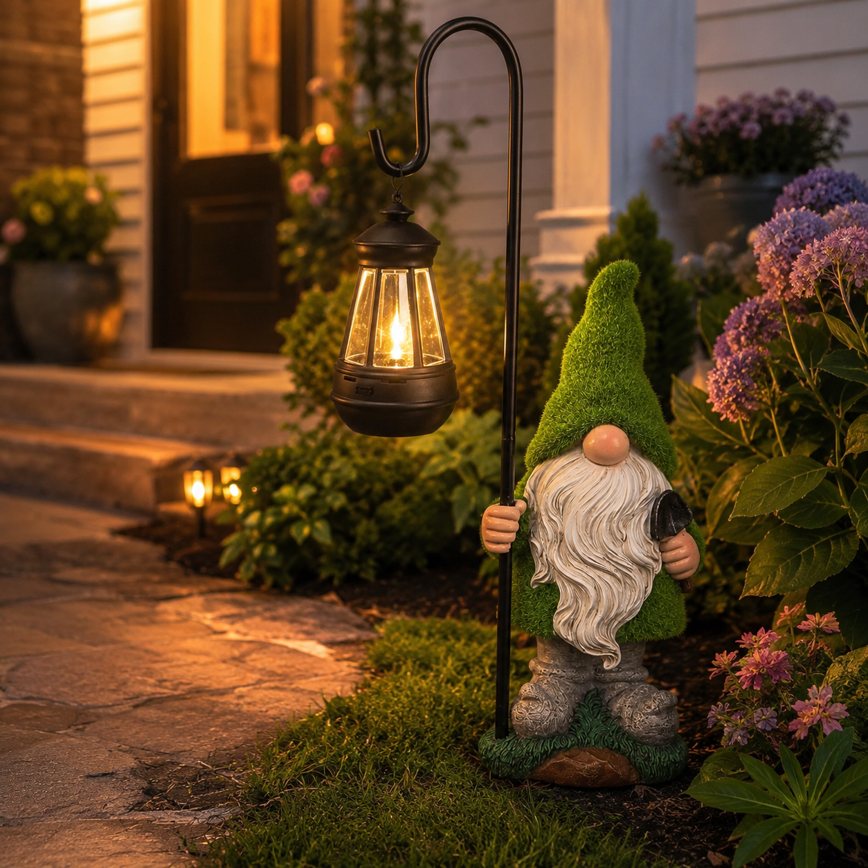 Mossy Porch Gnome Solar Lantern Statue
