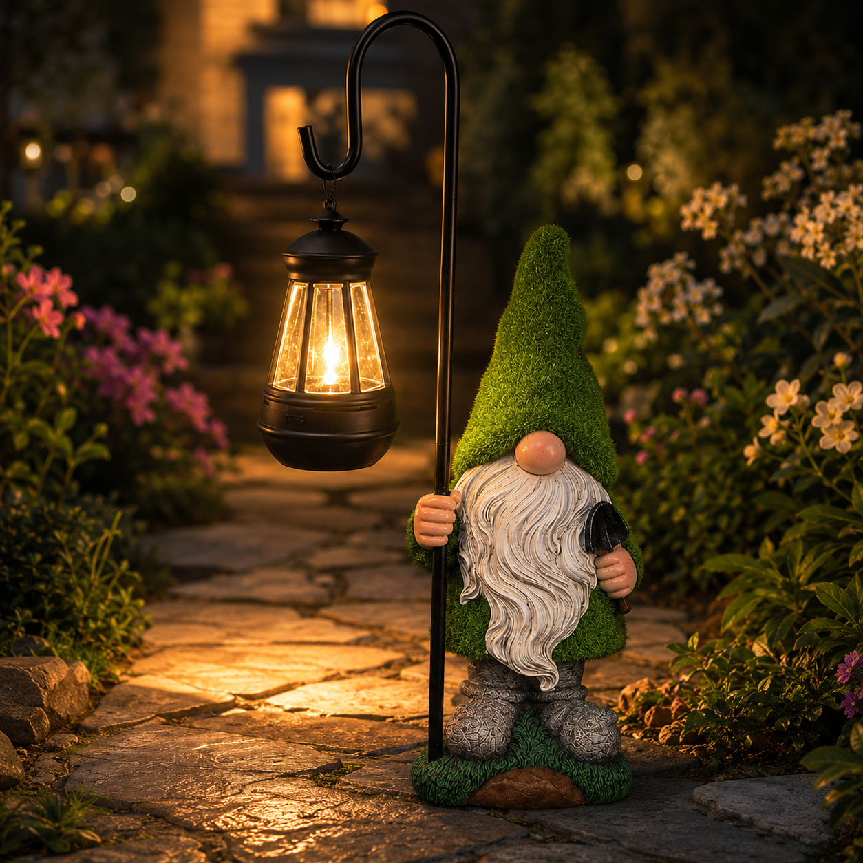 Mossy Porch Gnome Solar Lantern Statue
