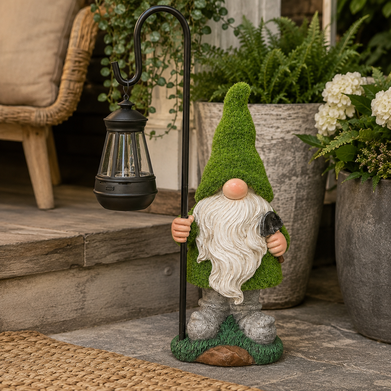 Mossy Porch Gnome Solar Lantern Statue