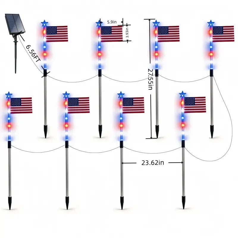 8-Piece Flag Light Set – 4th of July Decorations with 8 Lighting Modes – Perfect for Pathways, Gardens, and Yard Deco