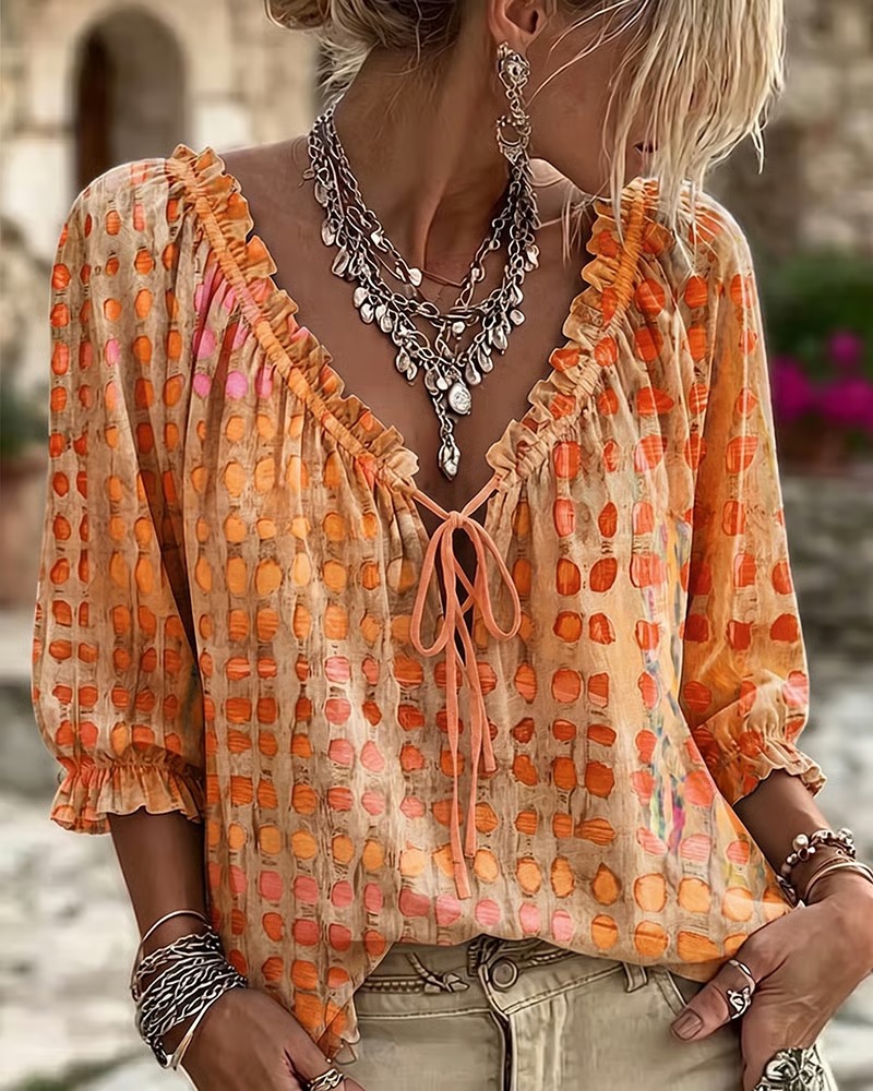 🔥New Arrivals Sale: 70% OFF🛒 Polka Dot Lace-Up Blouse