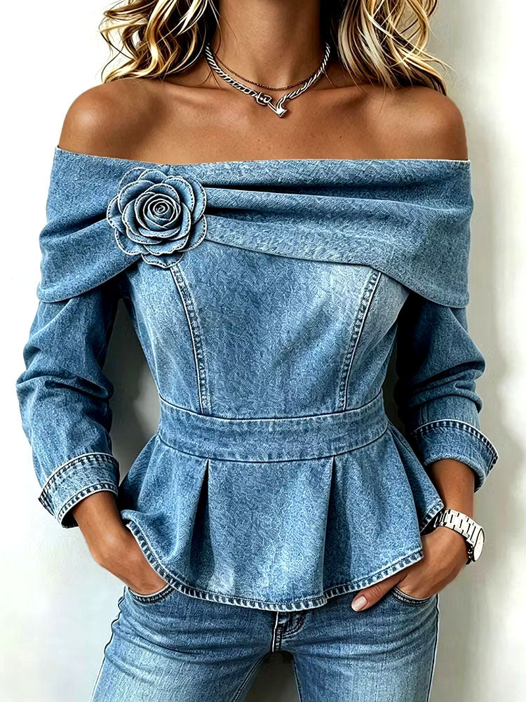 🔥 50% OFF – Flattering Off-Shoulder Denim Peplum Top