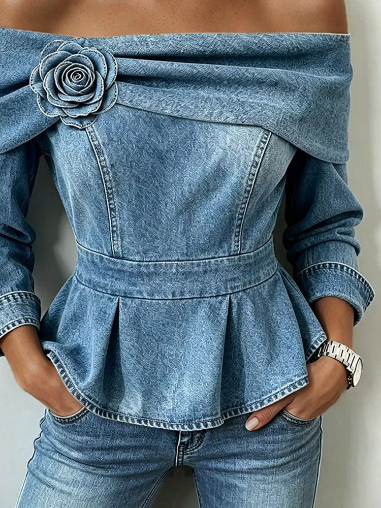 🔥 50% OFF – Flattering Off-Shoulder Denim Peplum Top