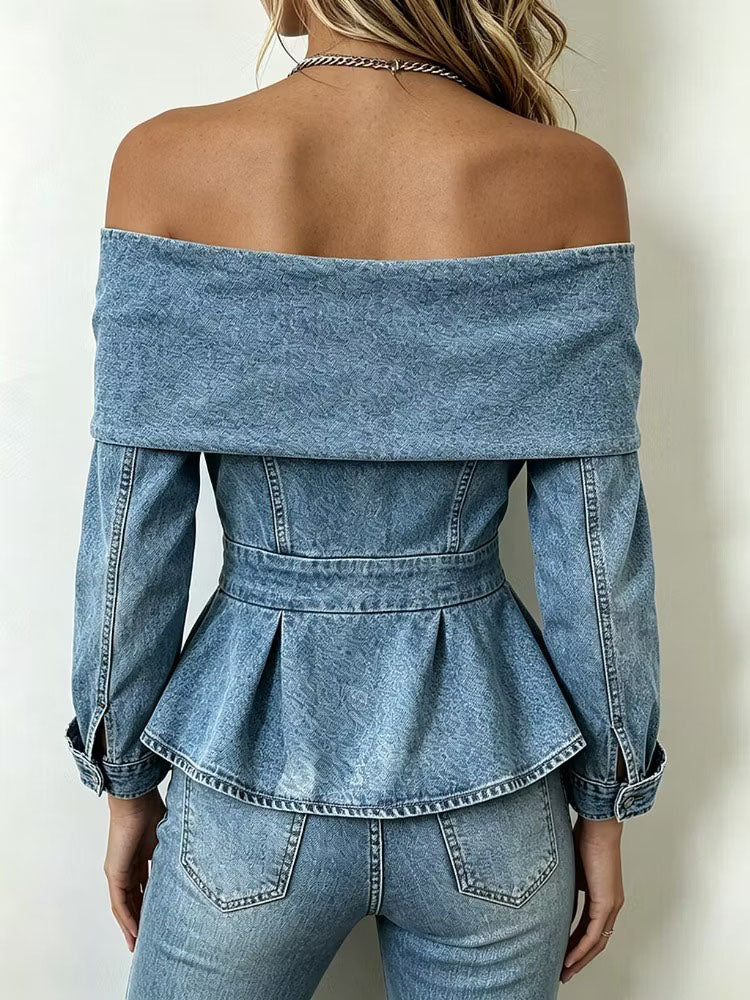 🔥 50% OFF – Flattering Off-Shoulder Denim Peplum Top