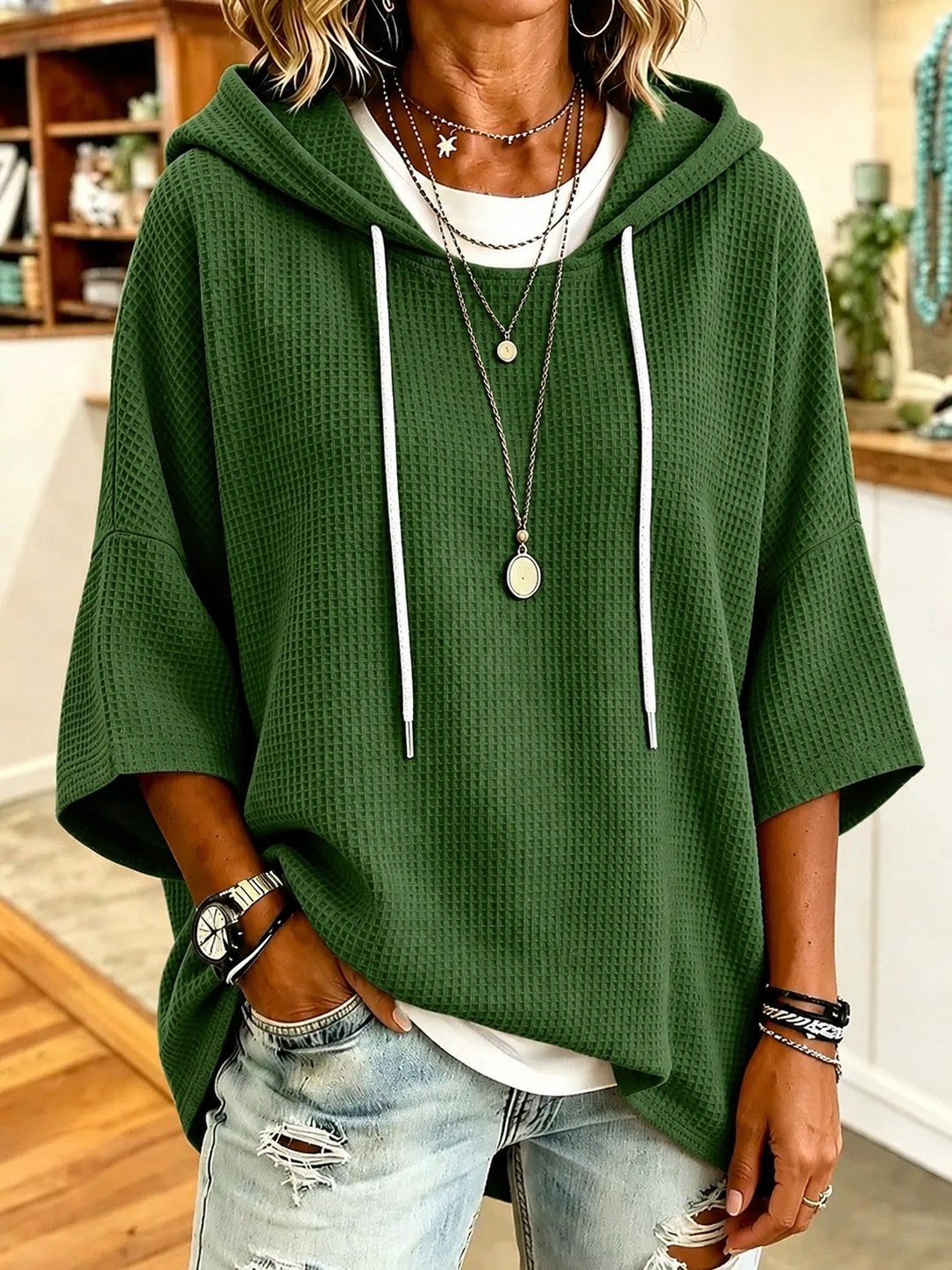 60% OFF New Arrival 🔥 3/4 Length Sleeve Waffle Fashion Casual Street  Women's Hoodies