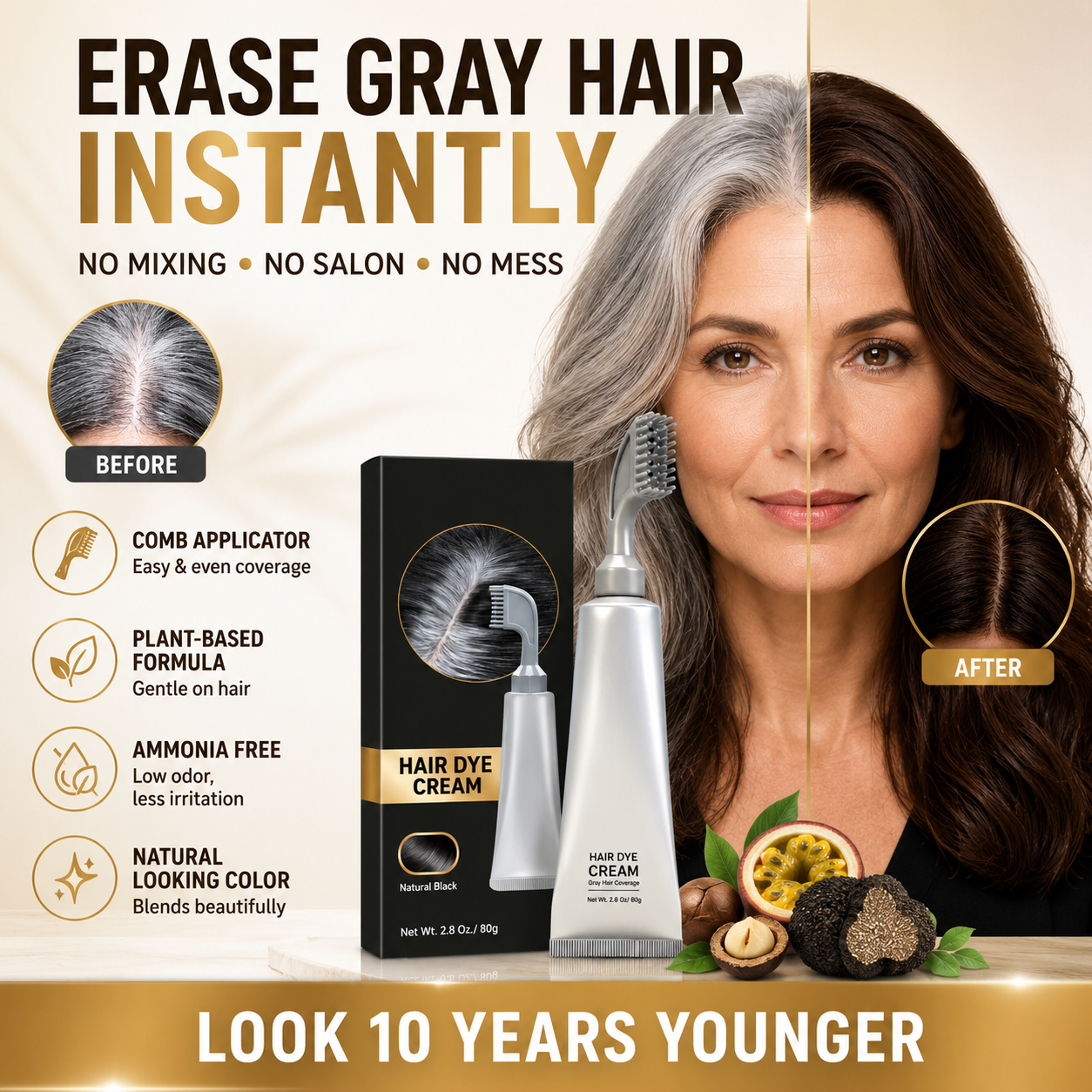 Instant gray coverage hair dye comb