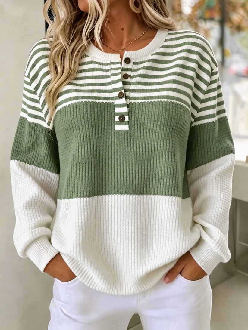 🛒 CLEARANCE SALE 🔥 Women's Striped Sweatshirt with Button Placket, Soft Long Sleeve Pullover