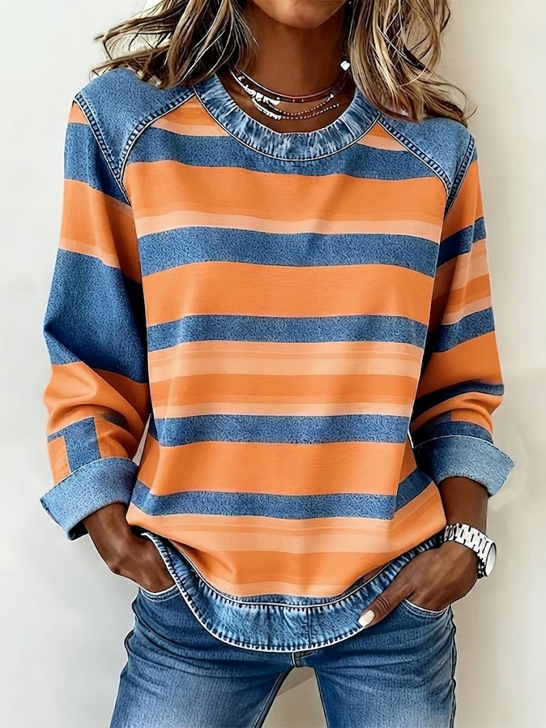 Women's striped crew neck raglan denim patchwork sweatshirt