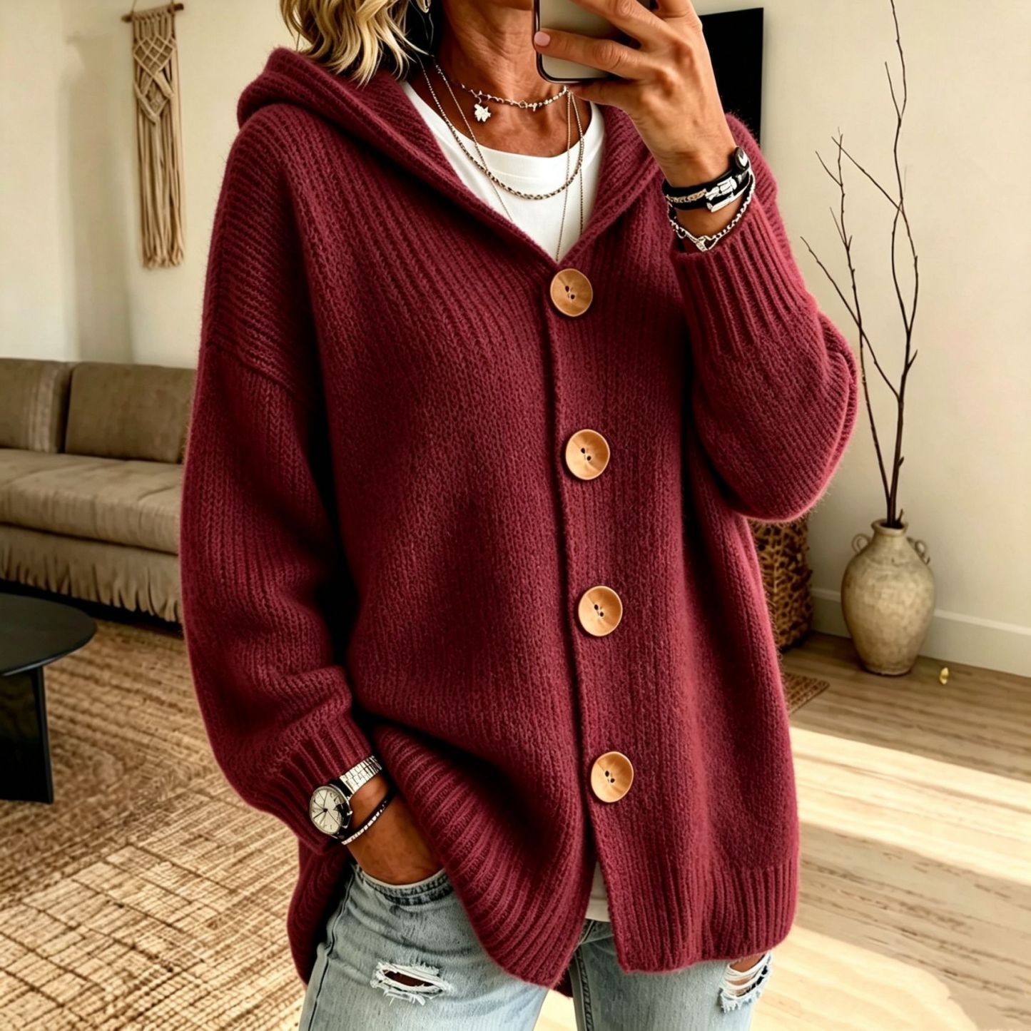 Women's Chunky Knit Hooded Cardigan Sweater – Cozy Oversized Button Front Open Cardigan