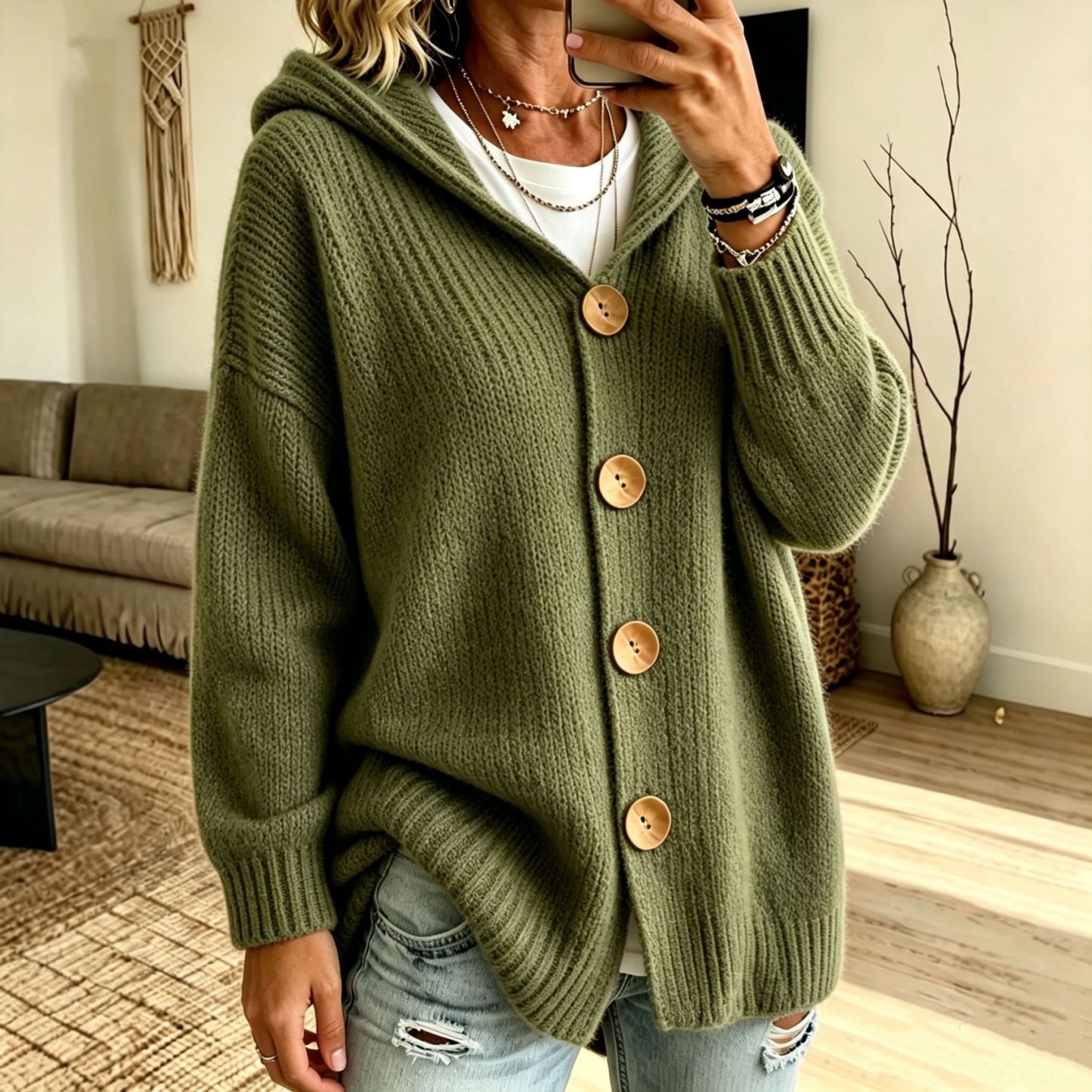 Women's Chunky Knit Hooded Cardigan Sweater – Cozy Oversized Button Front Open Cardigan