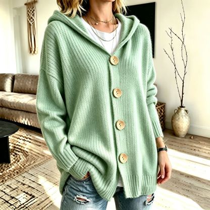 Women's Chunky Knit Hooded Cardigan Sweater – Cozy Oversized Button Front Open Cardigan