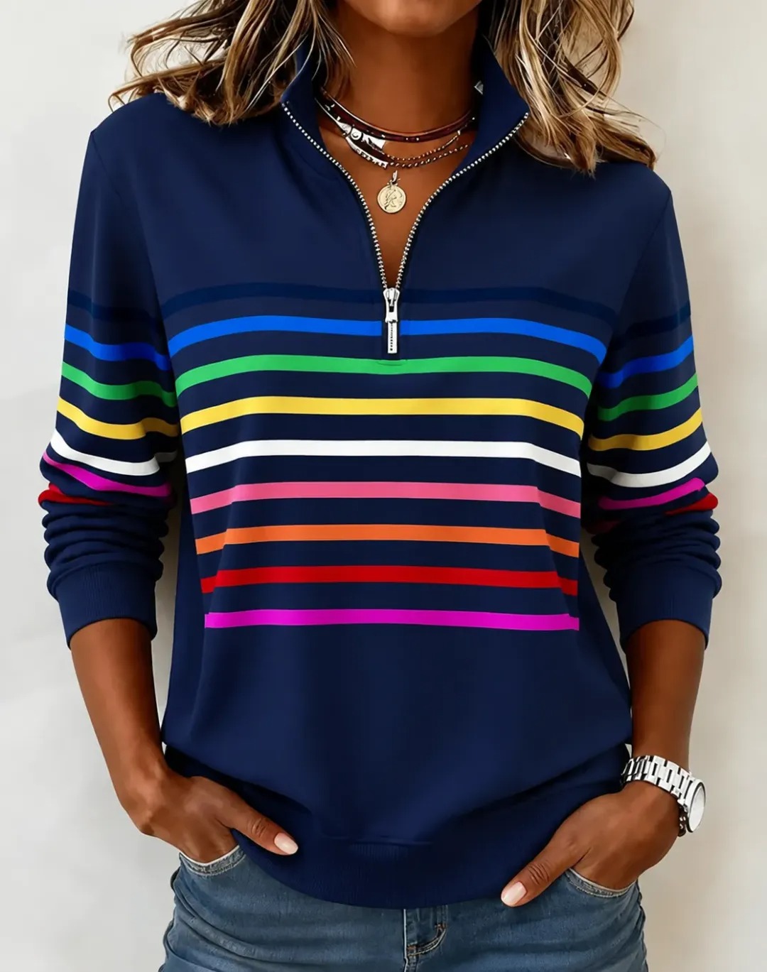 🛒Clearance Sale🔥 Women's Vibrant Striped Half-Zip Casual Sweatshirt