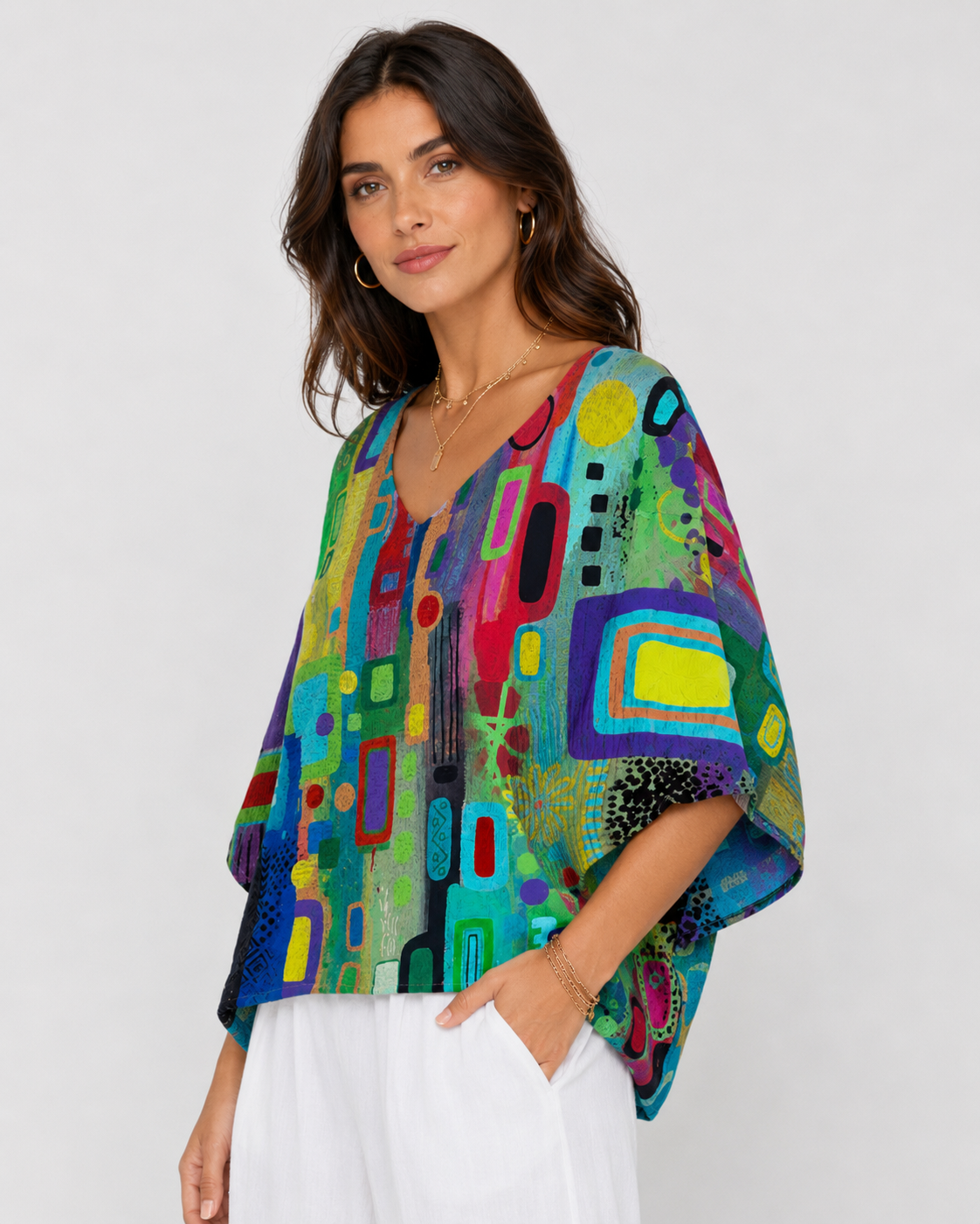 Women's Casual Abstract Print V-Neck 3/4 Sleeve Loose Fit Top