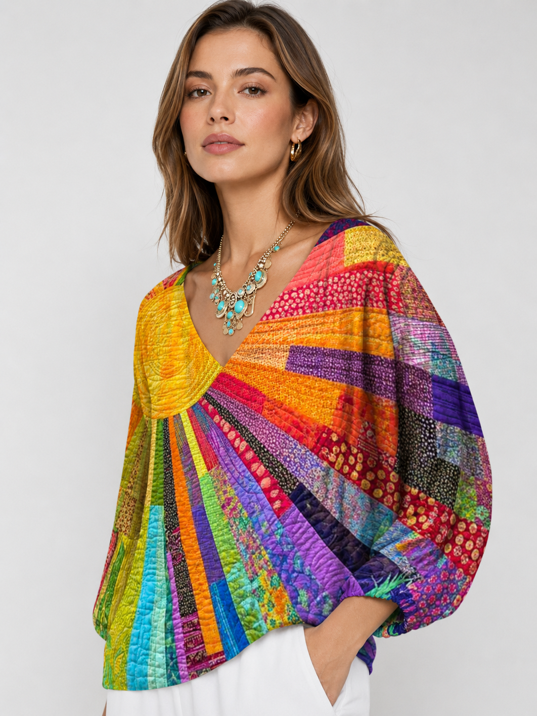 Women's Colorful Patchwork V-Neck Long Sleeve Loose Fit Blouse
