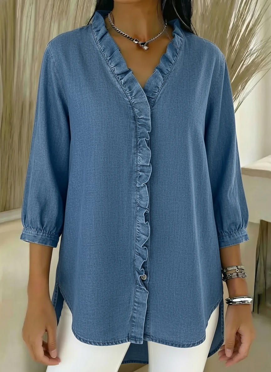 🔥 Women's Casual Denim V-Neck Ruffled Shirt