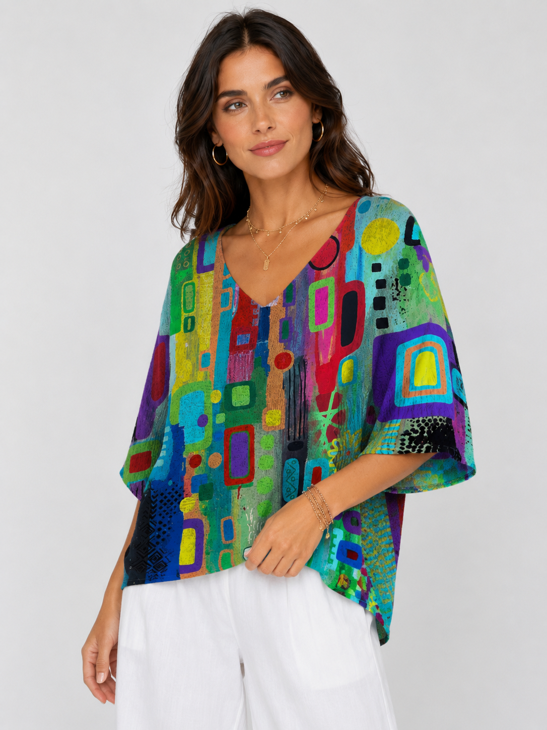 Women's Casual Abstract Print V-Neck 3/4 Sleeve Loose Fit Top