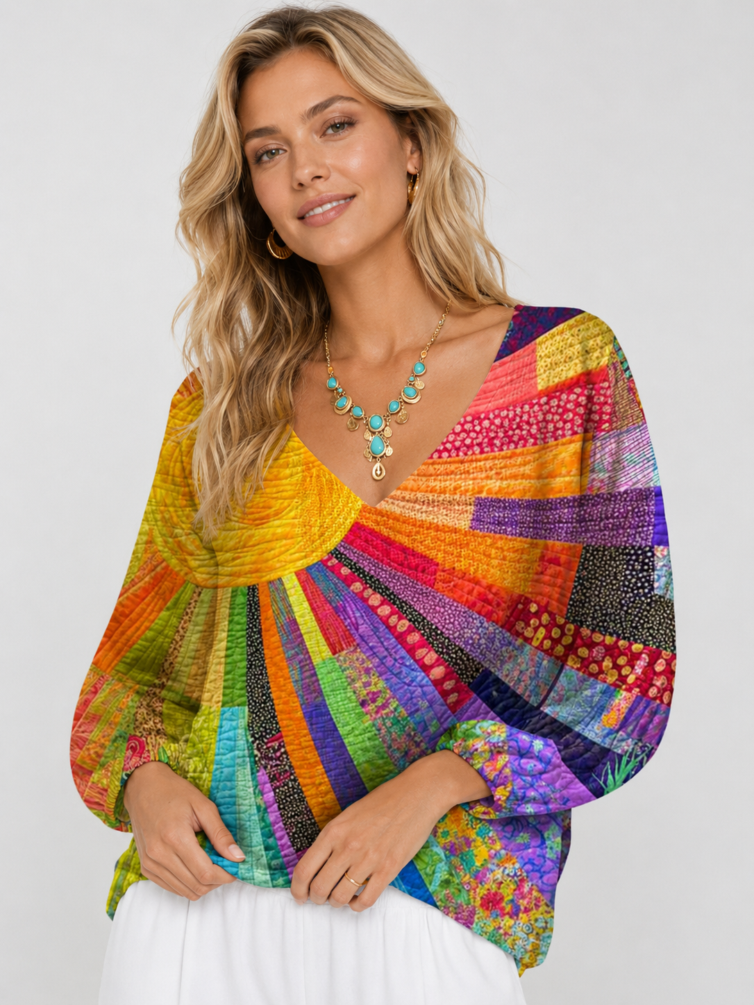 Women's Colorful Patchwork V-Neck Long Sleeve Loose Fit Blouse