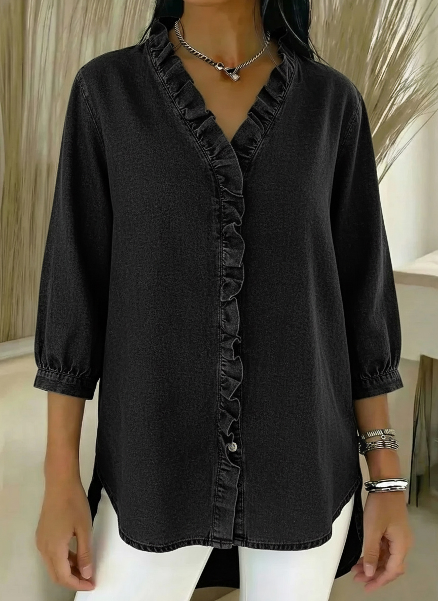 🔥 Women's Casual Denim V-Neck Ruffled Shirt