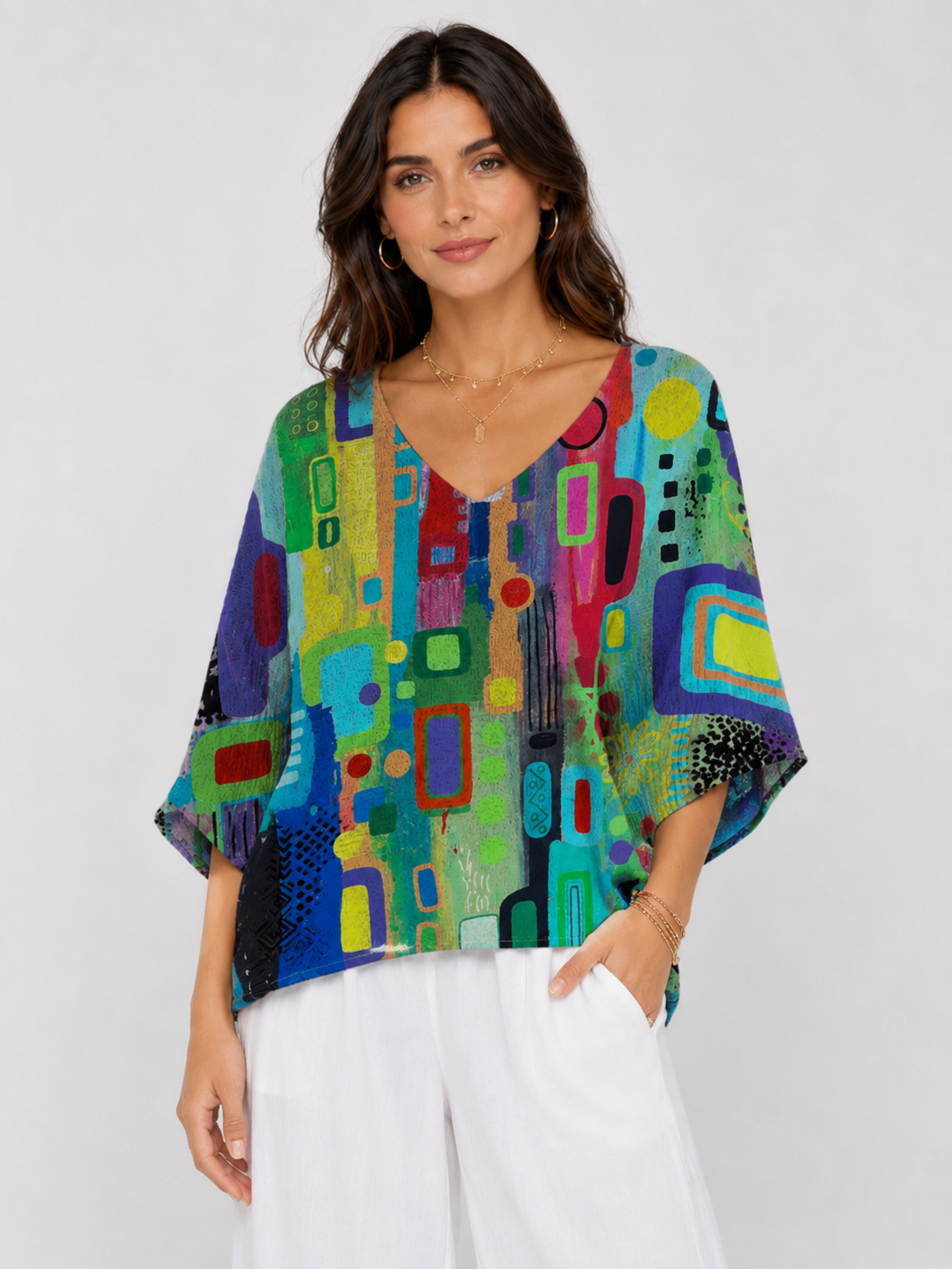 Women's Casual Abstract Print V-Neck 3/4 Sleeve Loose Fit Top