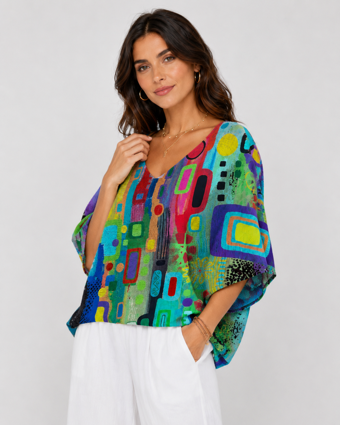 Women's Casual Abstract Print V-Neck 3/4 Sleeve Loose Fit Top