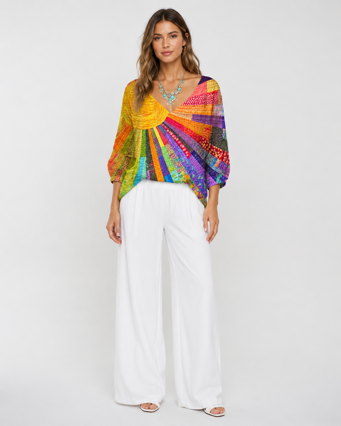 Women's Colorful Patchwork V-Neck Long Sleeve Loose Fit Blouse
