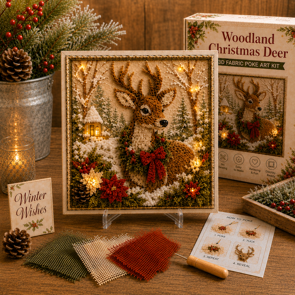 🎄🧵 Premium 3D Christmas Fabric Poke Art Kit | No-Sew Holiday Craft with Pre-Punched Board, Fabric Squares & Display Stand 🎅✨